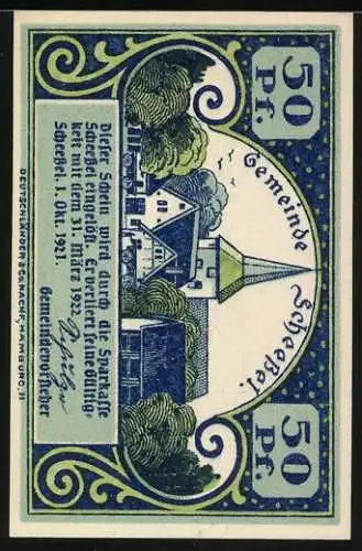 Notgeld Scheessel, 50 Pfennig, Scheesseler Braut in traditioneller Tracht, Gebäude und Landschaft