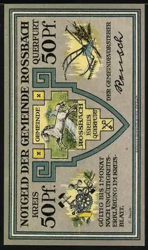 Notgeld Rossbach, 50 Pfennig, Reiter auf Pferd und Wappen der Gemeinde Rossbach