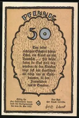 Notgeld Crivitz 1922, 50 Pfennig, Stadtansicht mit Turm und Gedicht
