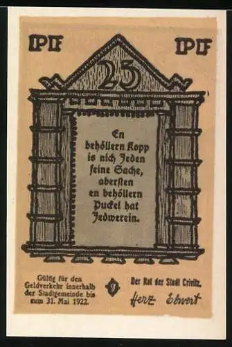 Notgeld Crivitz 1922, 25 Pfennig, Stadtansicht mit Turm und Häusern