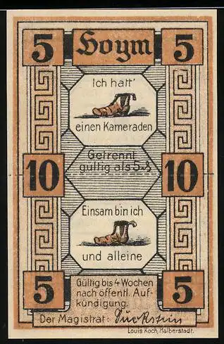 Notgeld Hoym 1921, 2x 5 Pfennig, Einsame Schuhe und Inschrift Ich hatt` einen Kameraden