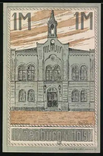 Notgeld Oldenburg i.H. 1921, 1 Mark, Rathaus und Stadtwappen