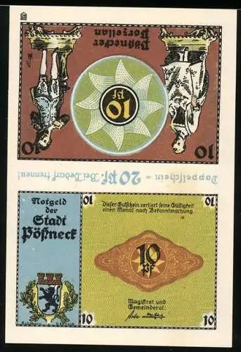 Notgeld Pössneck 1921, 2x 10 Pfennig, Stadtwappen und historische Szene mit Arbeitern vor einem Gebäude