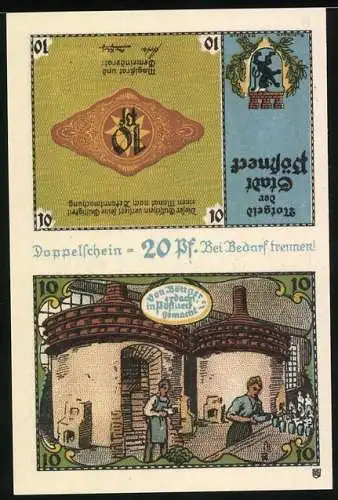 Notgeld Pössneck 1921, 2x 10 Pfennig, Stadtwappen und historische Szene mit Arbeitern vor einem Gebäude