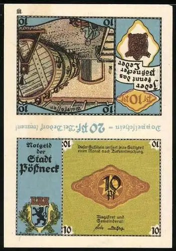 Notgeld Pössneck, 2x 10 Pfennig, Doppeltschein, Fass und Gerber, Wappen der Stadt