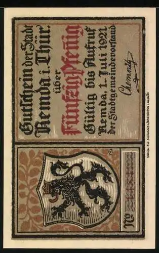 Notgeld Remda 1921, 50 Pfennig, Graf von Gleichen mit zwei Frauen, Burg Ehrenstein, Löwenwappen