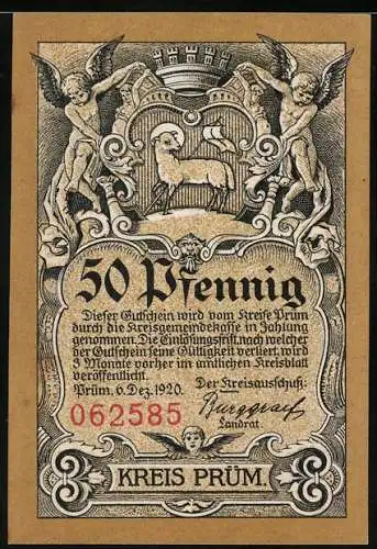 Notgeld Prüm 1920, 50 Pfennig, Lamm Gottes und Abtei Prüm, Seriennummer 062585