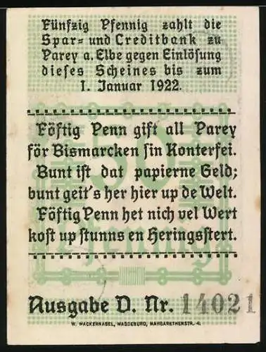 Notgeld Parey an der Elbe 1921, 50 Pfennig, Bismarck-Porträt und Gebäude, Seriennummer 14021