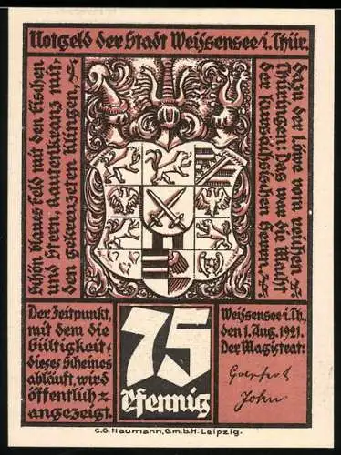 Notgeld Weissensee 1921, 75 Pfennig, Wappen und Stadtansichten