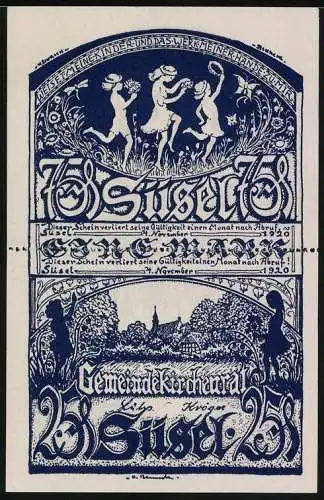 Notgeld Süsel 1920, 1 Mark, tanzende Kinder und Landschaft mit Bauernhaus