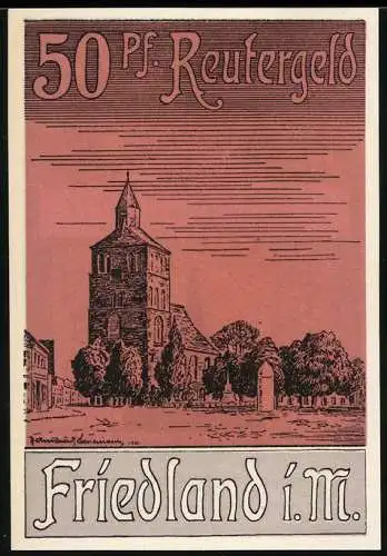 Notgeld Friedland i.M. 1921, 50 Pfennig, Stadtansicht mit Kirche und Wappen, Reutergeld