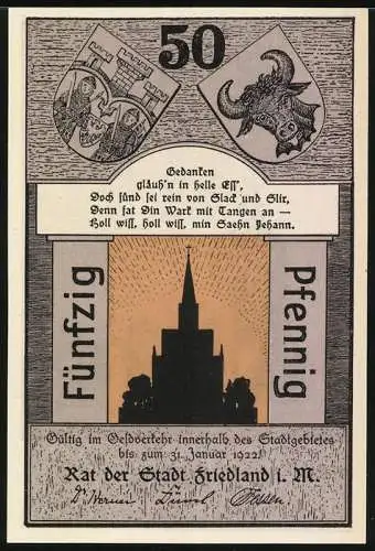 Notgeld Friedland i.M. 1921, 50 Pfennig, Stadtansicht mit Kirche und Wappen, Reutergeld