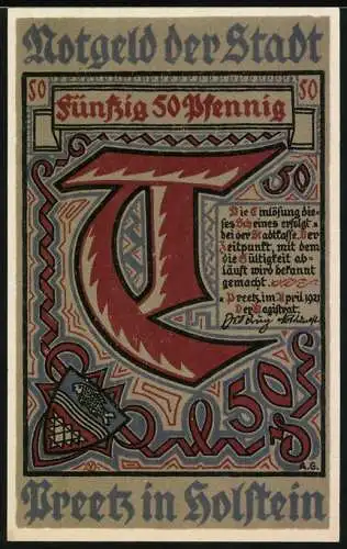 Notgeld Preetz 1921, 50 Pfennig, Stadtansicht mit roten Dächern und Bäumen, Text und Wappen