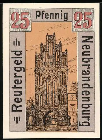 Notgeld Neubrandenburg 1921, 25 Pfennig, Stadttor und historische Strasse