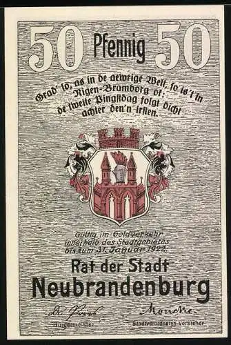 Notgeld Neubrandenburg 1922, 50 Pfennig, St. Marienkirche und Stadtwappen