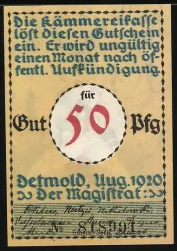 Notgeld Detmold 1920, 50 Pfennig, marschierender Soldat, Seriennummer 81891