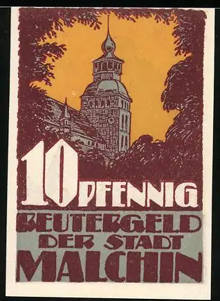 Notgeld Malchin 1920, 10 Pfennig, Kirche und Bauer mit Spaten