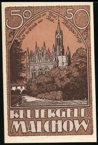 Notgeld Malchow 1922, 50 Pfennig, Kirche und alte Frau beim Spinnen