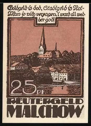 Notgeld Malchow 1922, 25 Pfennig, Stadtansicht mit Kirche und Zitat, florales Motiv mit Text