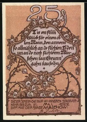 Notgeld Malchow 1922, 25 Pfennig, Stadtansicht mit Kirche und Zitat, florales Motiv mit Text