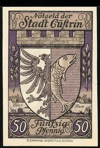 Notgeld Cüstrin 1921, 50 Pfennig, Wappen mit Adler und Fisch, Stadtansicht mit Baumallee, Seriennummer 094491