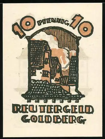 Notgeld Goldberg 1922, 10 Pfennig, Gebäude und Stadtansicht, ohne Seriennummer und ohne Wappen