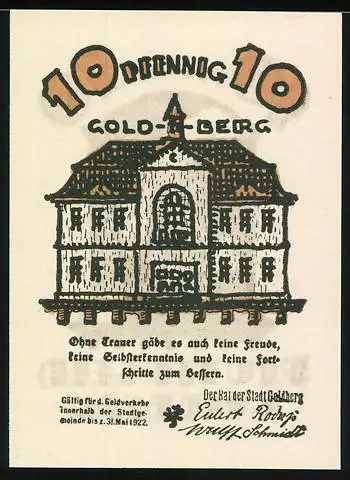 Notgeld Goldberg 1922, 10 Pfennig, Gebäude und Stadtansicht, ohne Seriennummer und ohne Wappen