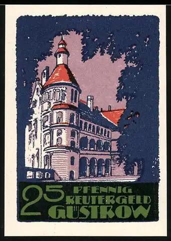 Notgeld Güstrow 1922, 25 Pfennig, Schlossgebäude und Pferde im Zaun