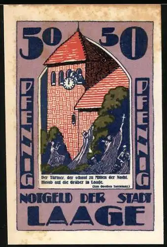 Notgeld Laage 1921, 50 Pfennig, Turm und Büffelkopf, Zitat von Goethe