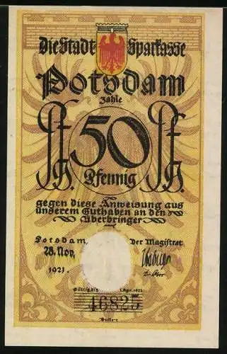 Notgeld Potsdam 1921, 50 Pfennig, Reiter auf Pferd und Notenschrift, mit Seriennummer und Wappen.