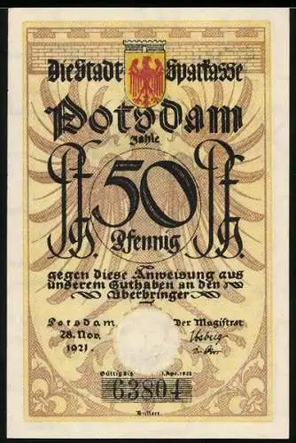 Notgeld Potsdam 1921, 50 Pfennig, Soldat mit Gewehr und Notenblatt, Seriennummer, Wappen