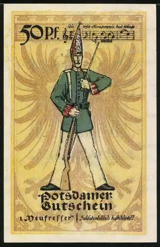 Notgeld Potsdam 1921, 50 Pfennig, Soldat mit Gewehr und Notenblatt, Seriennummer, Wappen