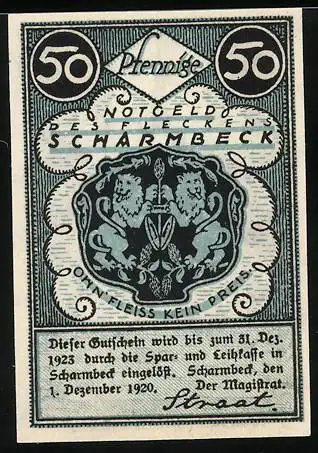 Notgeld Scharmbeck 1920, 50 Pfennig, Löwenwappen und Kirchengrafik