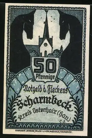 Notgeld Scharmbeck 1920, 50 Pfennig, Löwenwappen und Kirchengrafik