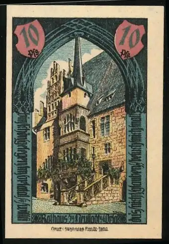 Notgeld Neustadt an der Orla 1921, 10 Pfennig, Rathaus und Stadtwappen, Seriennummer und Wappen.