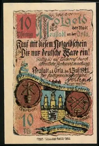 Notgeld Neustadt an der Orla 1921, 10 Pfennig, Rathaus und Stadtwappen, Seriennummer und Wappen.