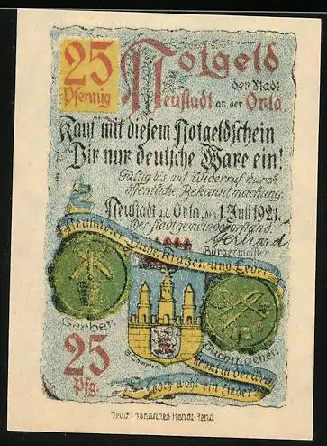 Notgeld Neustadt an der Orla 1921, 25 Pfennig, Stadtwappen und Rathausabbildung