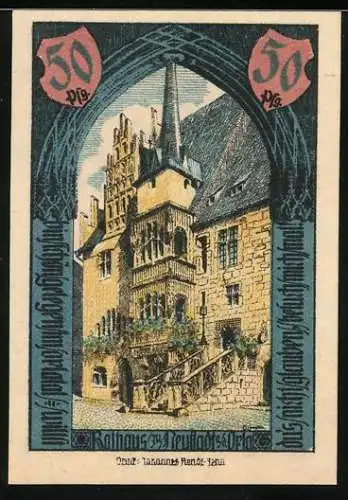 Notgeld Neustadt an der Orla 1921, 50 Pfennig, Rathaus und Stadtwappen, Zunftzeichen der Gerber und Tuchmacher