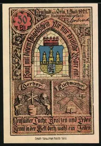 Notgeld Neustadt an der Orla 1921, 50 Pfennig, Rathaus und Stadtwappen, Zunftzeichen der Gerber und Tuchmacher