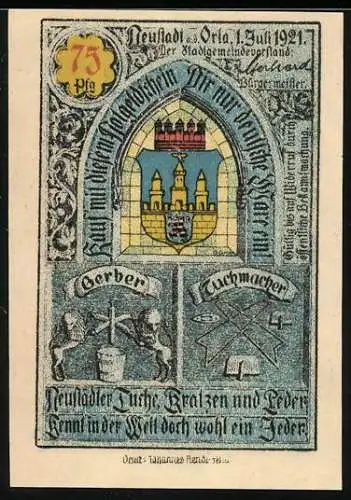 Notgeld Neustadt an der Orla 1921, 75 Pfennig, Stadtwappen und Rathaus-Motiv