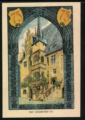 Notgeld Neustadt an der Orla 1921, 75 Pfennig, Stadtwappen und Rathaus-Motiv