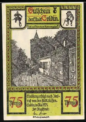 Notgeld Soldin 1921, 75 Pfennig, Stadtansicht und Kriegerdenkmal