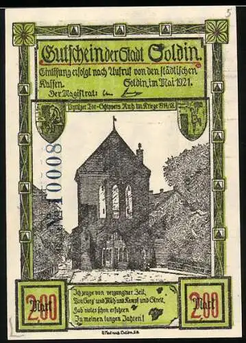 Notgeld Soldin 1921, 2 Mark, Kirchenruine und Soldaten, Seriennummer, Wappen