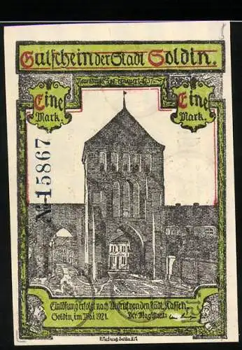 Notgeld Soldin 1921, 1 Mark, Stadttor und Stadtwappen, Seriennummer A15867