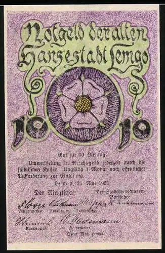 Notgeld Lemgo 1921, 10 Pfennig, Blume und Gebäude, Seriennummer 011140