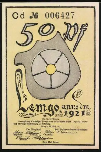 Notgeld Lemgo 1921, 50 Pfennig, Alte Hansestadt Lemgo, Kirchtürme und Wappen, Seriennummer Cd Nr. 006427