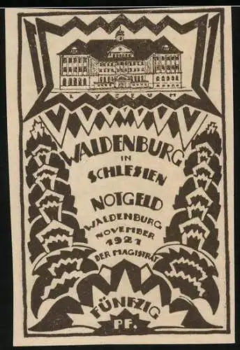 Notgeld Waldenburg 1921, 50 Pfennig, Gebäude und abstrakte Muster mit Baum im Wappen