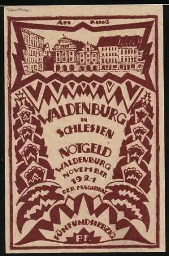 Notgeld Waldenburg 1921, 75 Pfennig, Stadtansicht und Wappen