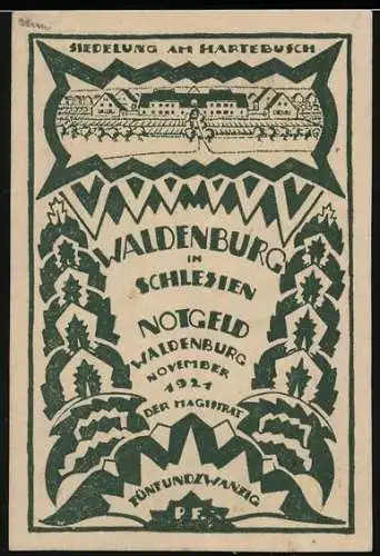 Notgeld Waldenburg 1921, 25 Pfennig, Siedlung am Hartebusch und Reiter vor Haus