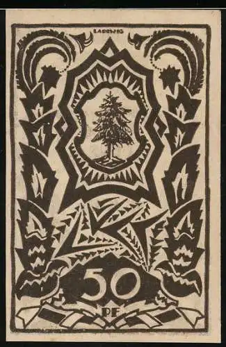 Notgeld Waldenburg 1921, 50 Pfennig, Tannenbaum und Gebäude-Motive